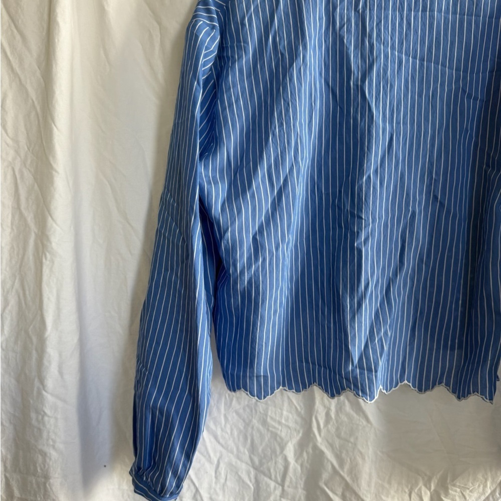 Zara Blue Striped Button Embroidered Lace
Cropped Boyfriend Blouse Size Large - Picture 7 of 11